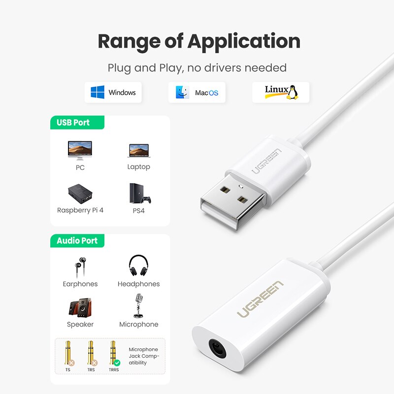 UGREEN Thẻ Âm Thanh USB Giắc Cắm 3.5mm Chuyên Dụng Cho Máy Tính PS4