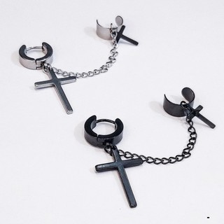 Khuyên tai nam nữ dạng kẹp - Thánh giá xích kẹp vành earcuff đen và bạc