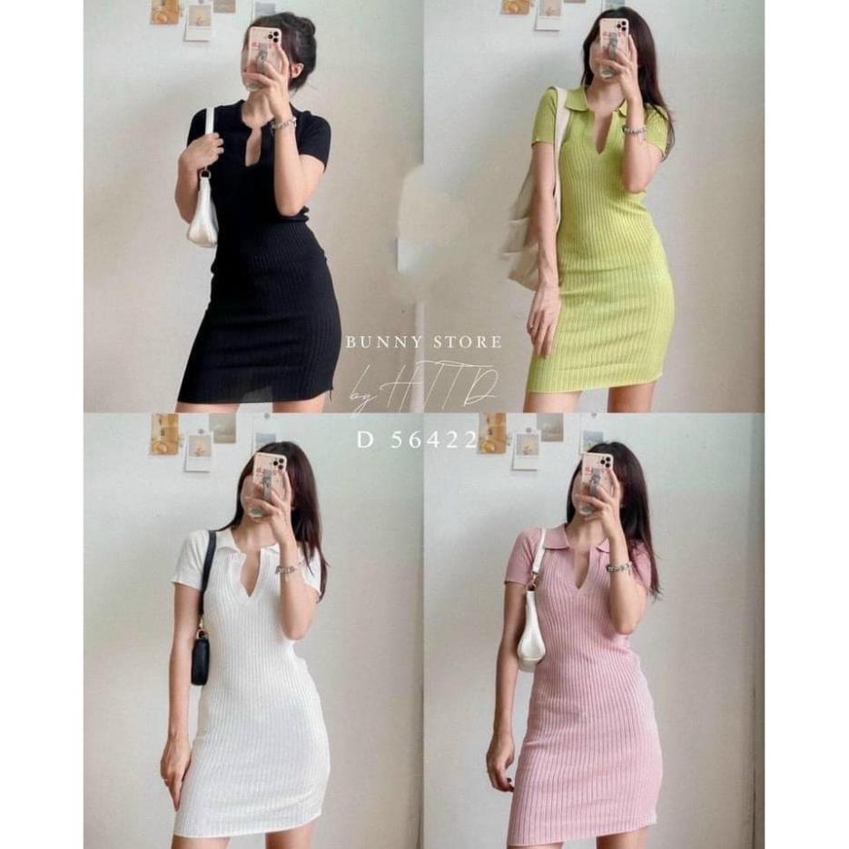 TSL-ảnh thật Váy len mỏng cổ sơ mi, đầm ôm body xẻ tà thun gân tăm cực xịn sò xanh hồng trắng tím