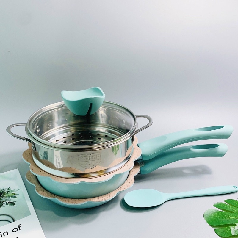 Bộ nồi chảo men đá chống dính nấu ăn dặm cho bé ( chảo, nồi, xửng hấp, thới) | Size 16cm