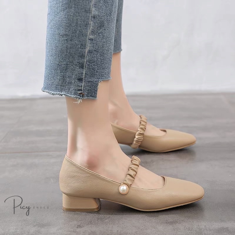 Giày búp bê Mary Jane quai nhún đính ngọc tiểu thư, gót vuông 3 phân da mềm êm chân _GBB01