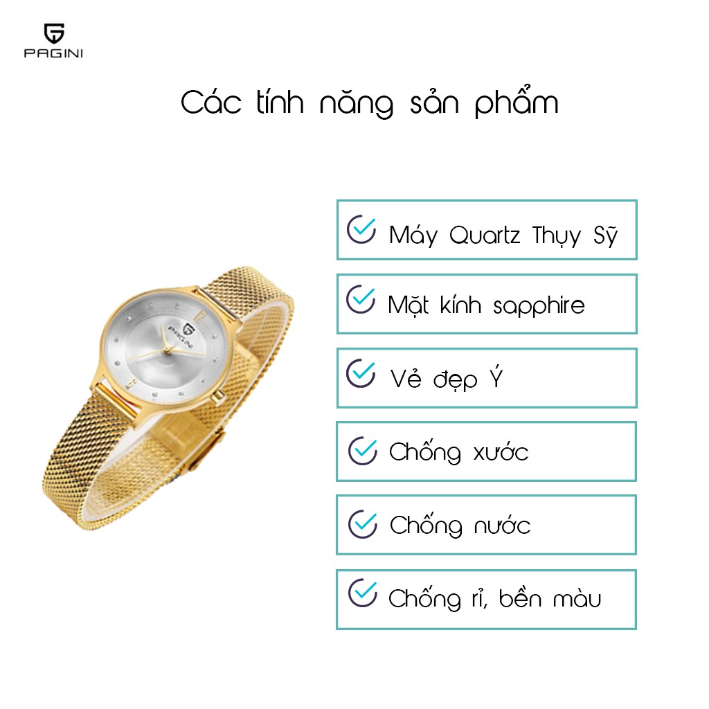 Đồng hồ đeo tay nữ thời trang Pagini PA2188 dây kim loại cao cấp siêu bền, chống nước, chống xước | BigBuy360 - bigbuy360.vn