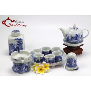 ấm chén Bát Tràng_Bộ bình trà dáng Bưởi men Lam Cổ kèm khay & phụ kiện
