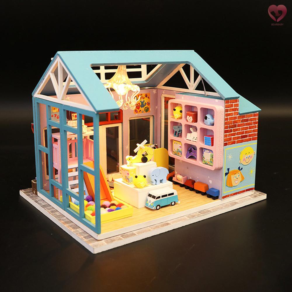 🎀Miniature Doll House DIY Wooden Dollhouse with Furniture & LED Light Children Toy Creative Gifts for 14+ Kids Adults Friends Family (Blue Toy Store)