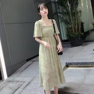 Đầm dài qua gối tay ngắn in họa tiết hoa nhỏ phong cách mới dành cho nữ