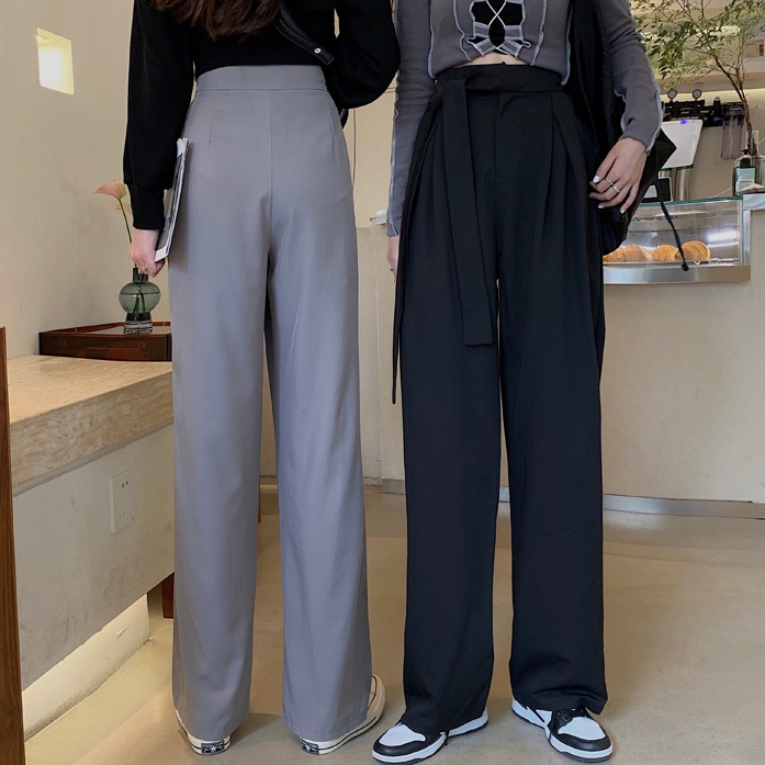 SUXI Quần Dài Lưng Cao Ống Rộng Màu Sắc Đơn Giản Dễ Phối Đồ