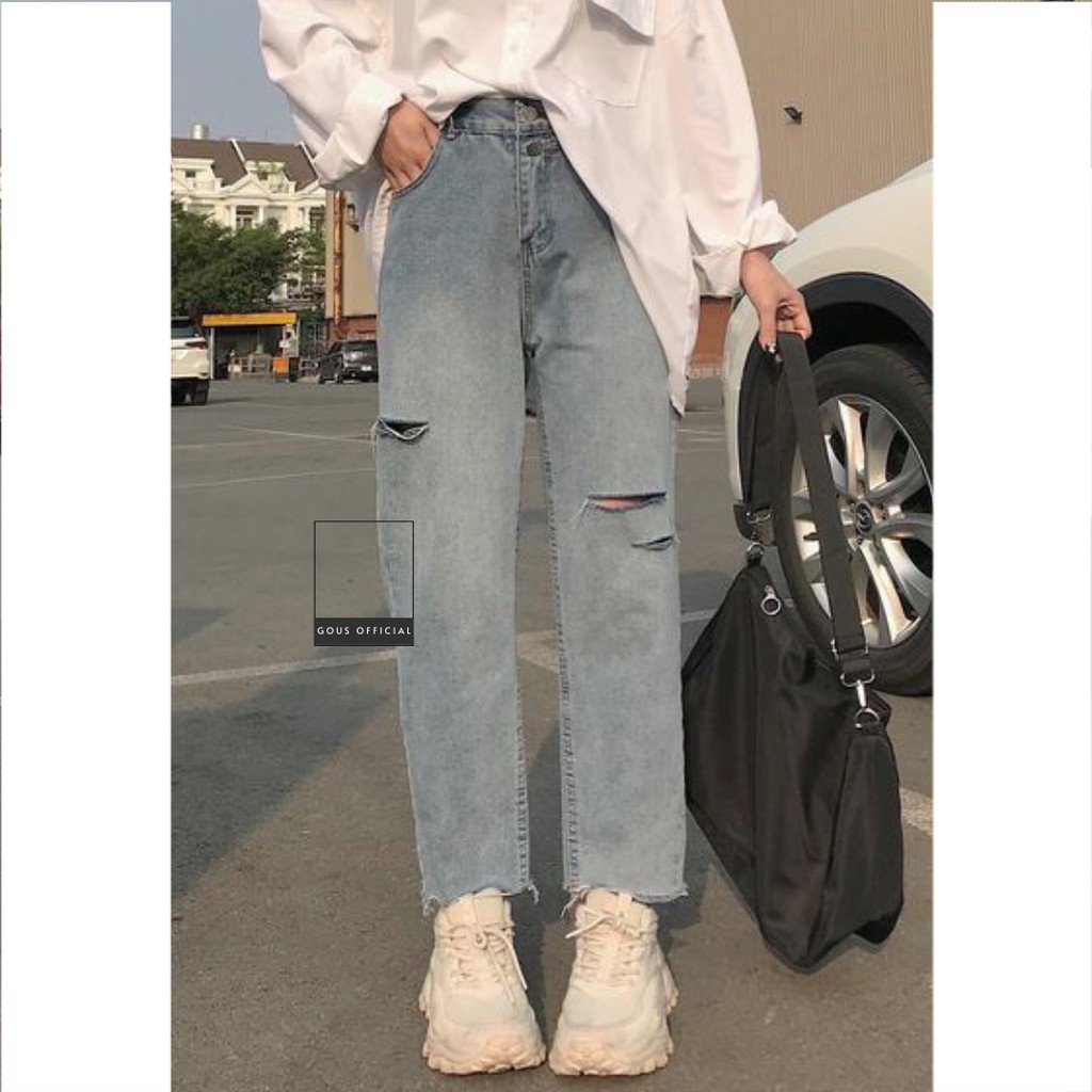 Quần Jean Nữ Baggy Cạp Cao Jeans Xanh Rách Gối Lưng Chun Phong Cách Cá Tính Năng Động Chất Liệu Denim Dày Dặn PLO 2207