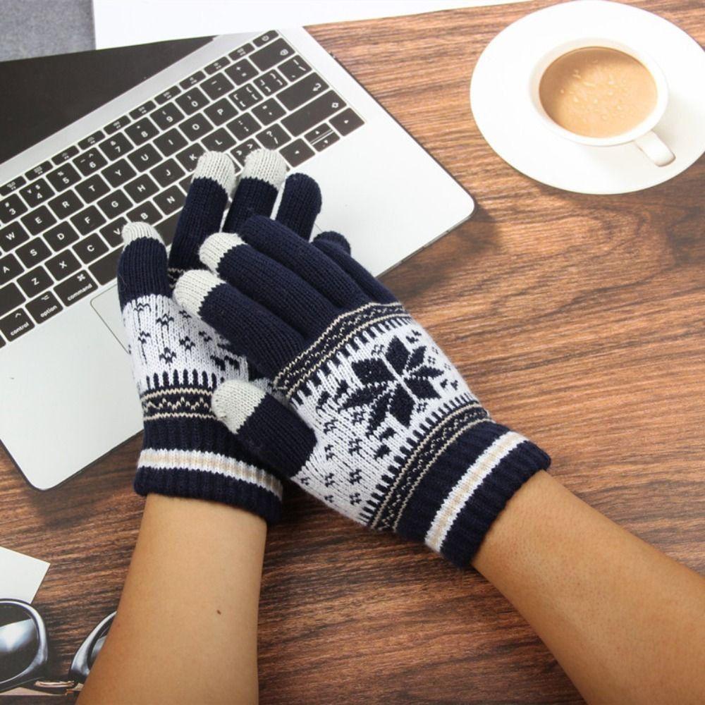 Đôi Găng Tay Len Dày Giữ Ấm Mùa Đông In Hình Hoa Tuyết Dễ Thương Có Thể Chạm Cảm Ứng Phong Cách Hàn Quốc