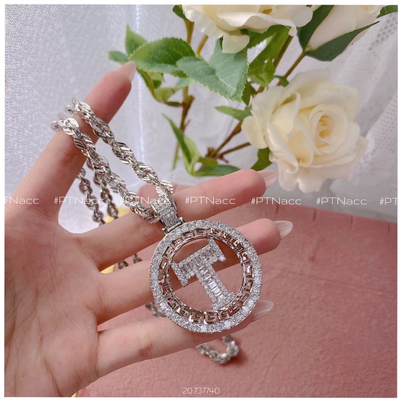 Dây chuyền, vòng cổ xi bạch kim xoắn lá phối mặt T đá paguet . PTNACC