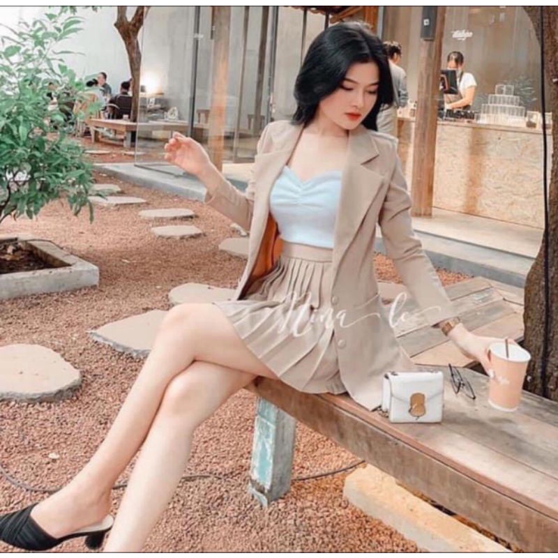 [Ảnh thật cuối]Set váy 3 món áo khoác blazer, áo 2 dây, chân váy xếp ly xinh.Set đồ nữ đẹp, cao cấp.Váy nữ đẹp