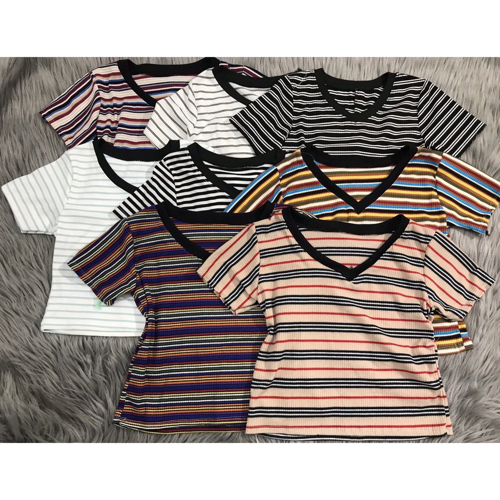 Áo croptop cổ tim viền đen sọc màu xinh xắn xinh hot hit tôn dáng