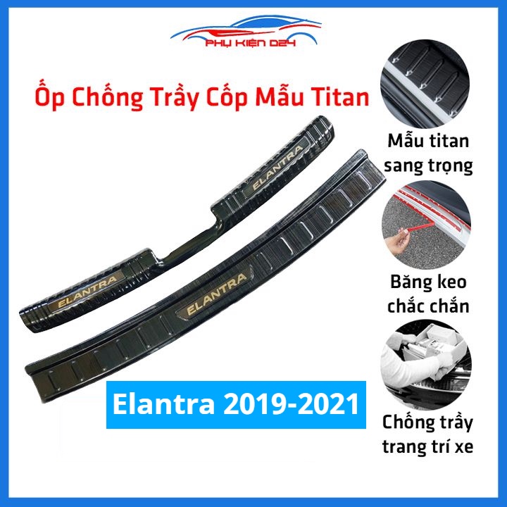 Ốp chống trầy cốp Elantra 2019-2020-2021 thép không gỉ vân titan bảo vệ xe chống va đập