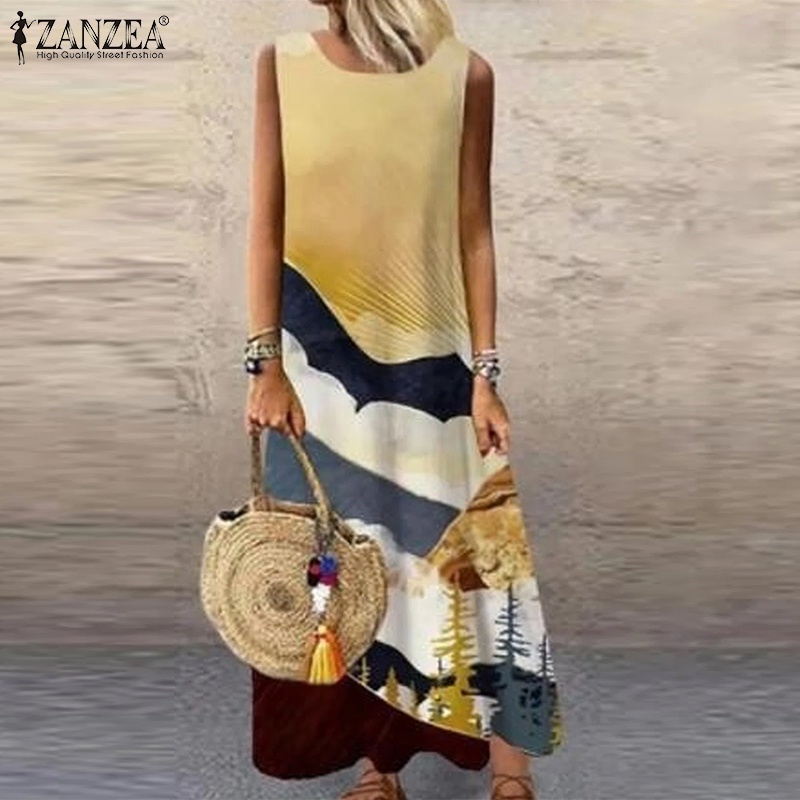 Đầm maxi Zanzea sát nách cổ tròn họa tiết bướm thời trang cho nữ