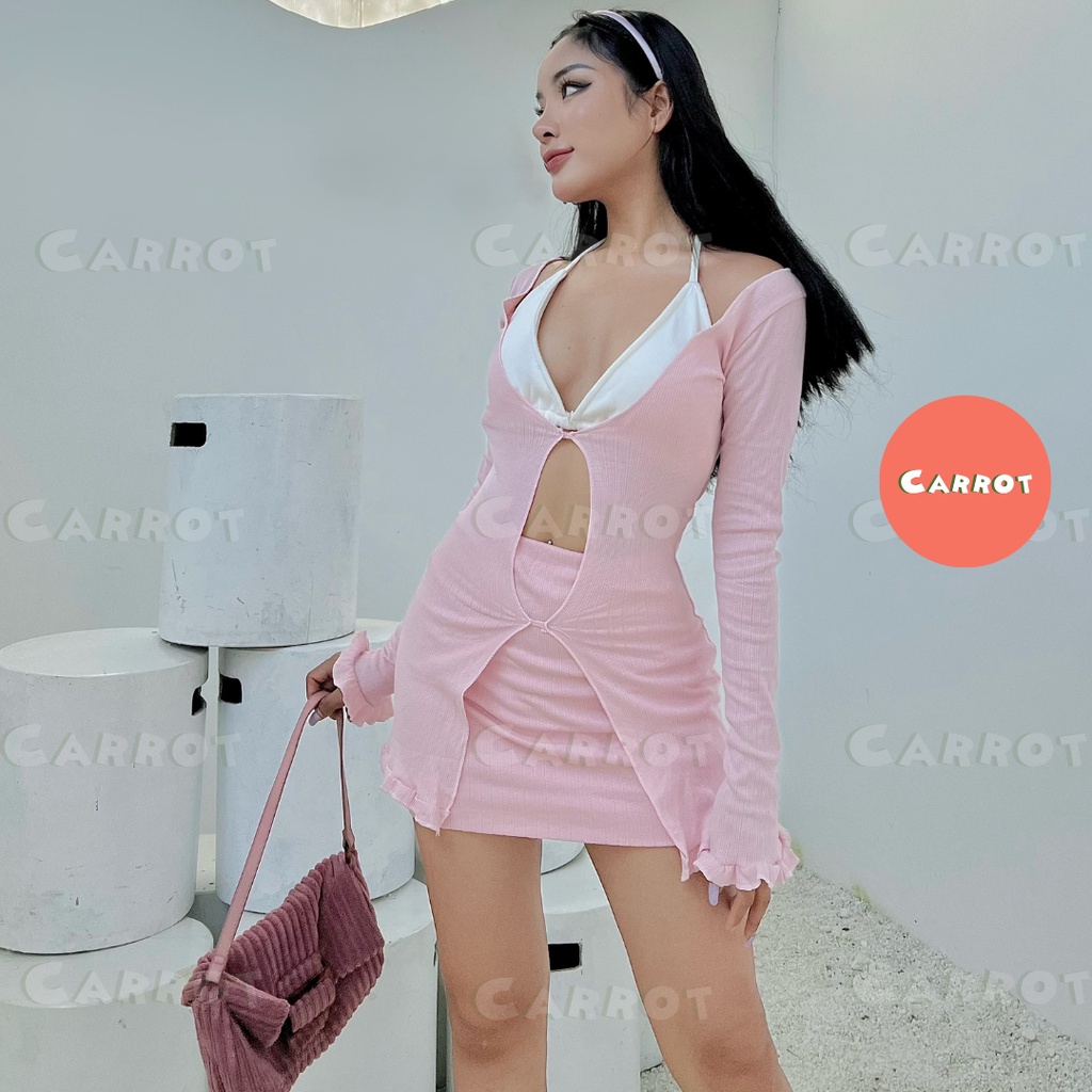Set áo croptop tay dài thiết kế chân váy ôm body áo ngực sexy quyến rũ chất vải dày dặn đi chơi Carrotxinhdep (53)+(59