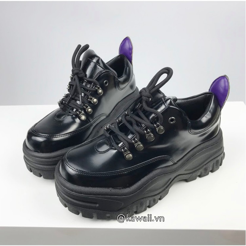 [Có sẵn size nam nữ] ANGEL LEATHER SNEAKERS - GIÀY THỂ THAO MÓC DÂY MÀU ĐEN đế 5cm Kawaii.vn(Ảnh thật shop tự thực hiện)