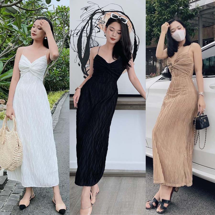 Đầm Maxi Hai Dây Xoắn Ngực Thiết Kế Cao Cấp Dự Tiệc Sang Trọng 3 màu Trắng Đen Nude LOLITA DRESS