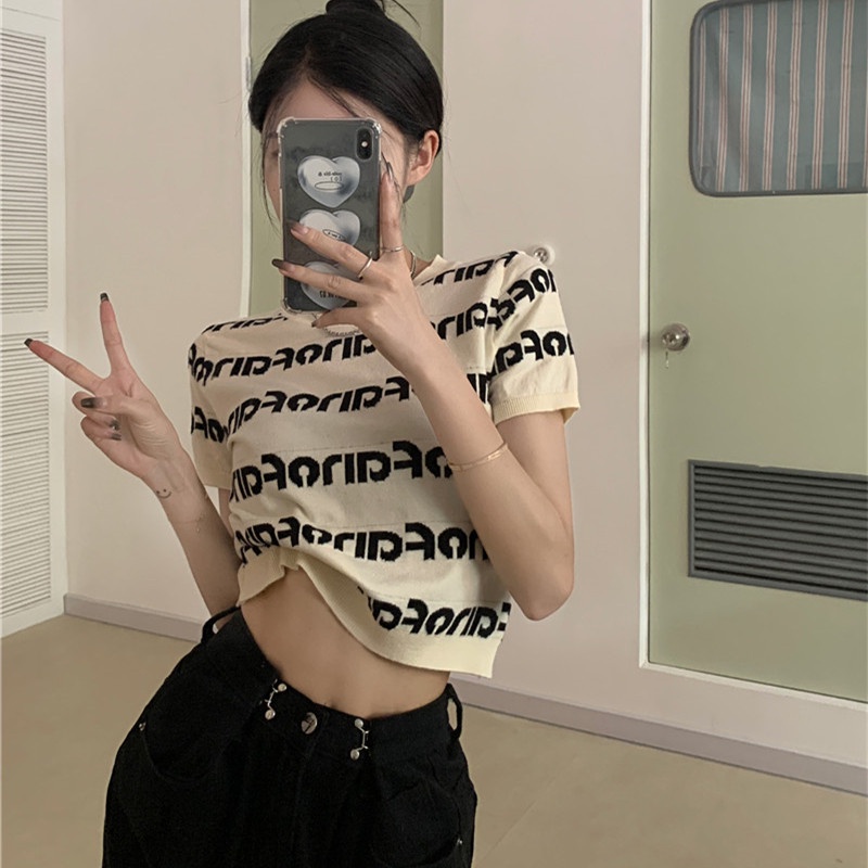 Áo Thun Lửng Ngắn Tay In Chữ Thời Trang Cho Nữ