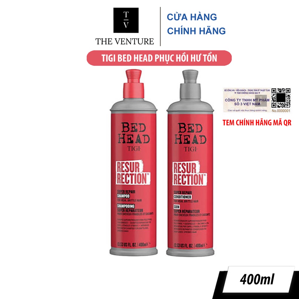 Combo Dầu Gội Xả Phục Hồi Hư Tổn Tigi Bed Head Resurrection Super Repair Shampoo &amp; Conditioner Chính Hãng - 400ml