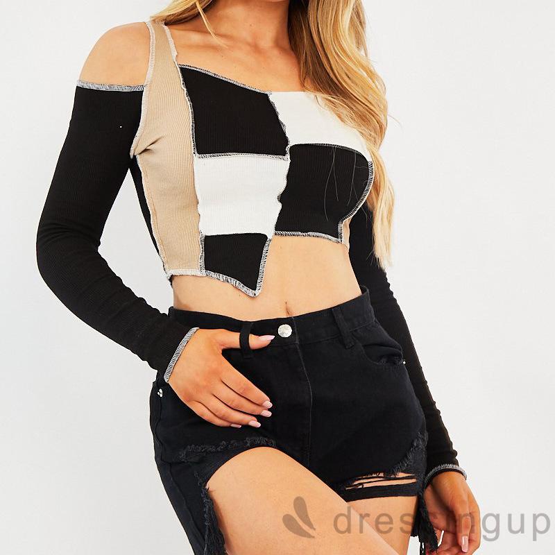 Đầm Tay Dài Hở Vai Màu Tương Phản Thời Trang Cho Nữ