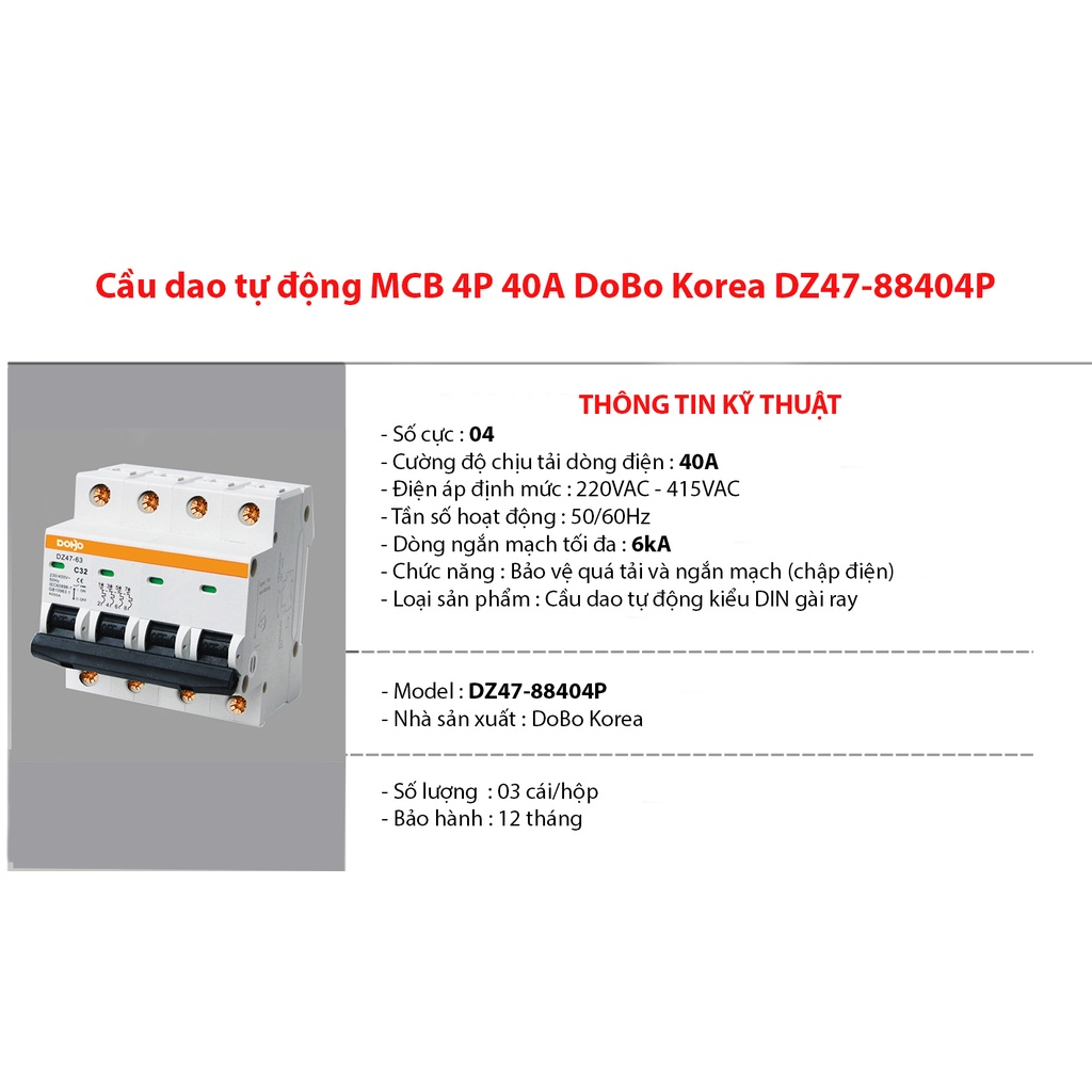 Cầu Dao Tự Động 4 Pha  220V - 450V  MCB 4P DOBO KOREA siêu nhạy