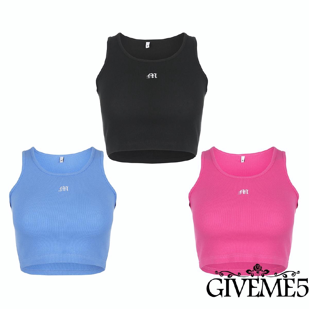 Áo croptop hai dây dệt kim thêu chữ gợi cảm cho nữ