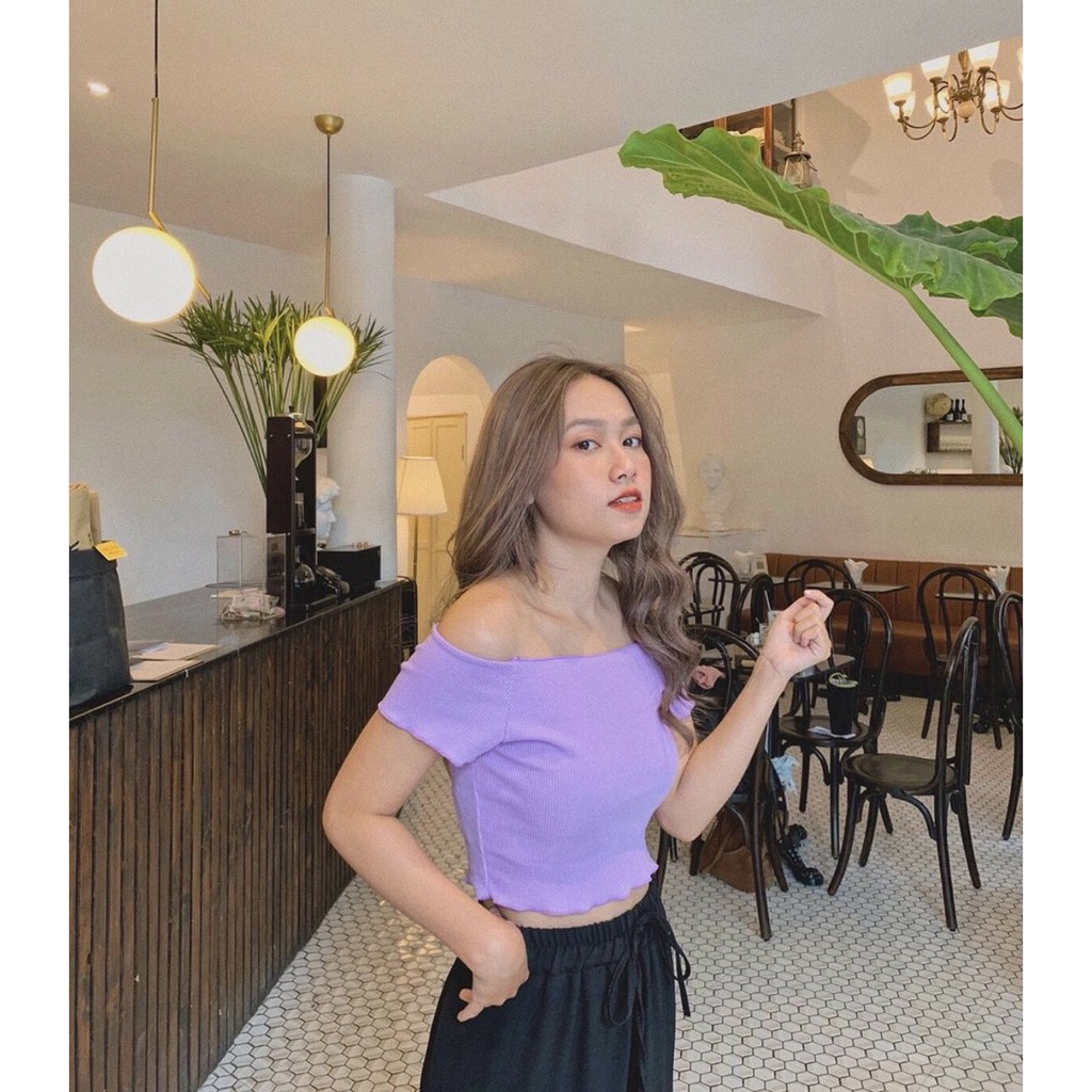 Áo bẹt vai tay ngắn một màu tím mộng mơ MANA2006204