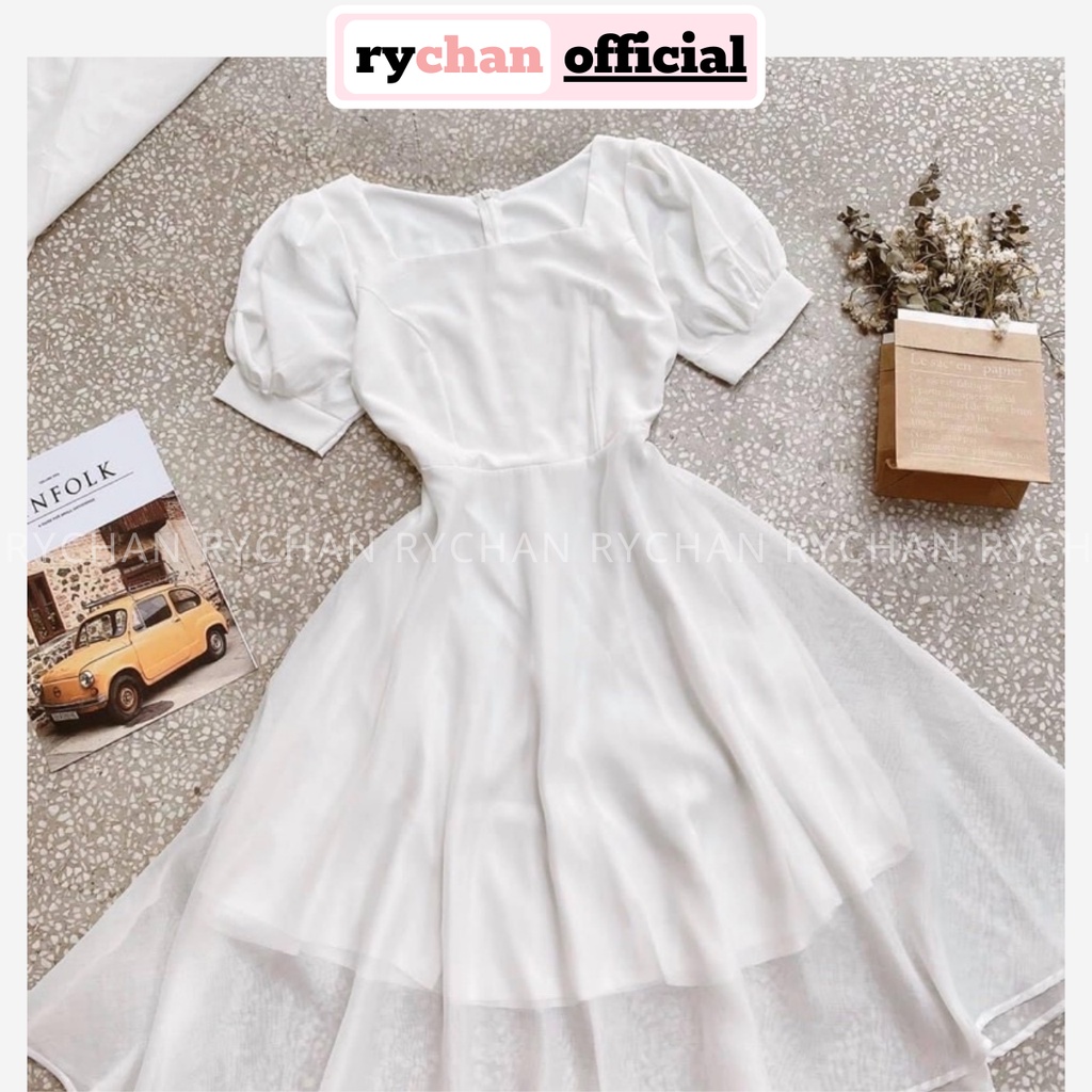 Đầm Trắng Dự Tiệc Cưới Cổ Vuông Tay Phồng Dáng Dài Xòe 2 Lớp Dày Dặn Cực Đẹp Màu Trắng [ẢNH THẬT CUỐI] - DX9820