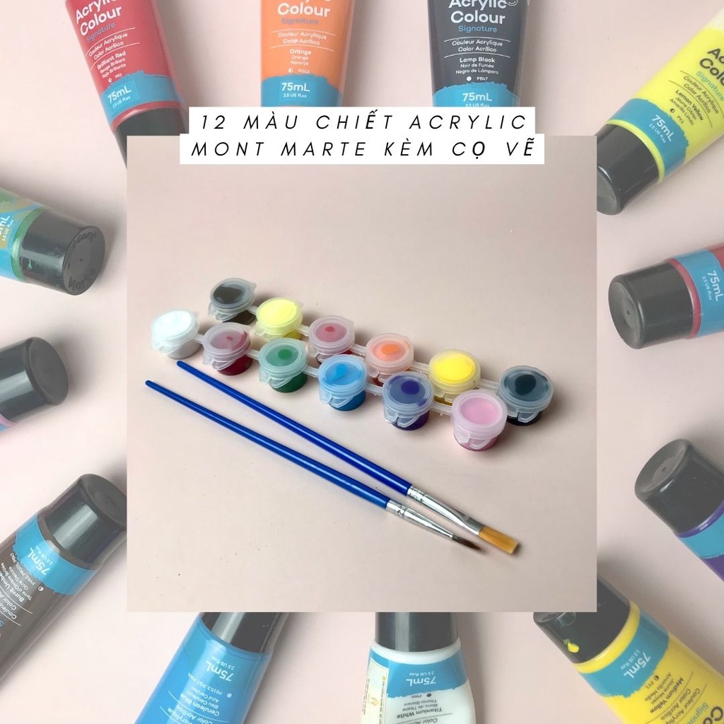 Bộ 12 hộp sơn màu acrylic cao cấp lấy từ màu MONT MARTE kèm 02 cọ vẽ - tô tranh, tô đất sét thủ công