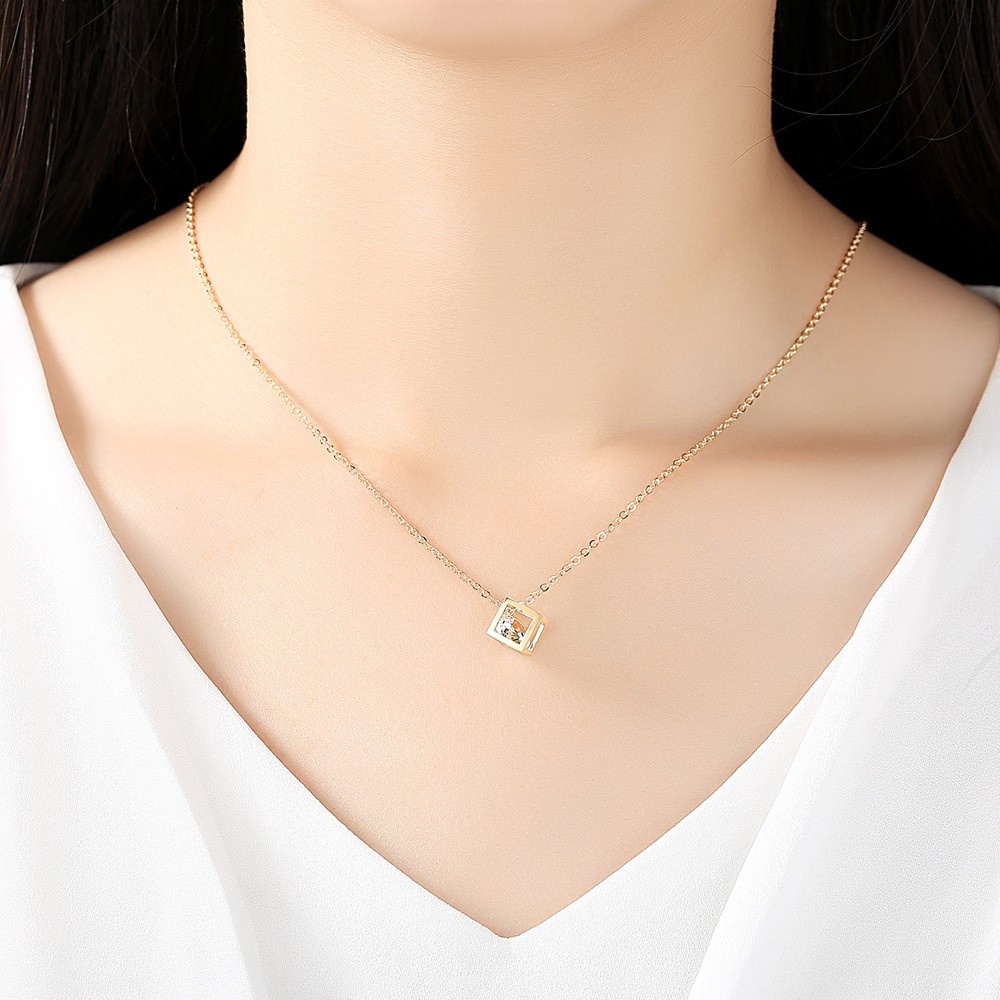 Vòng Cổ Nữ Mặt Hình Vuông Đính Kim Cương Giả, Dây Chuyền Nữ Mạ Vàng/Bạc Phong Cách Thanh Lịch