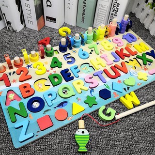 Bảng Ghép Gỗ Montessory Đa Chức Năng 6 Trong 1 Câu Cá Xếp Chữ Số Hình Khối Phương Tiện Giao Thông Thả Vòng rèn trí tuệ