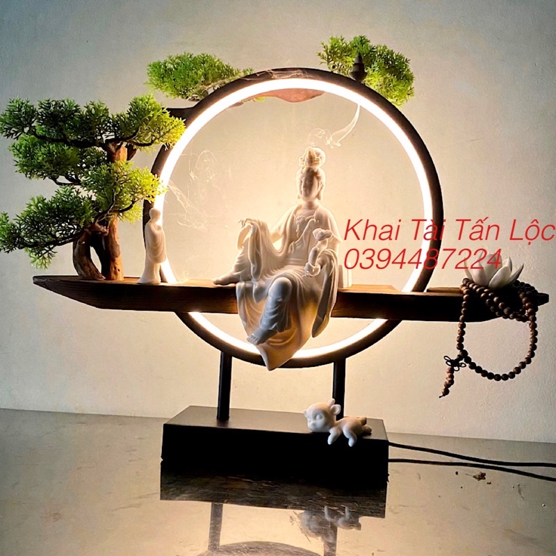 Tượng Quan Âm cầm Ngọc như ý và kệ gỗ đèn led thác khói 10 món