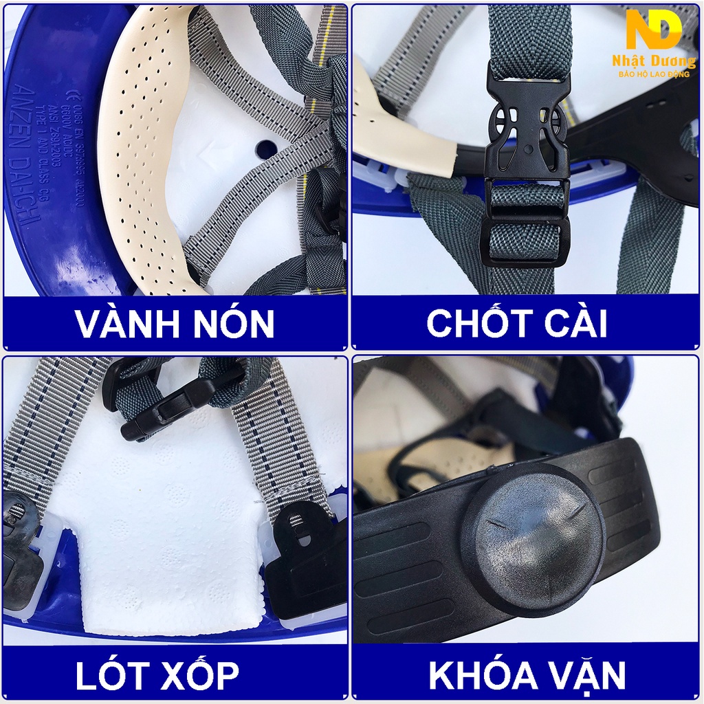 Mũ bảo hộ lao động khóa vặn màu xanh dương có lót xốp N08, Nón bảo hộ lao động Nhật Dương cho công nhân