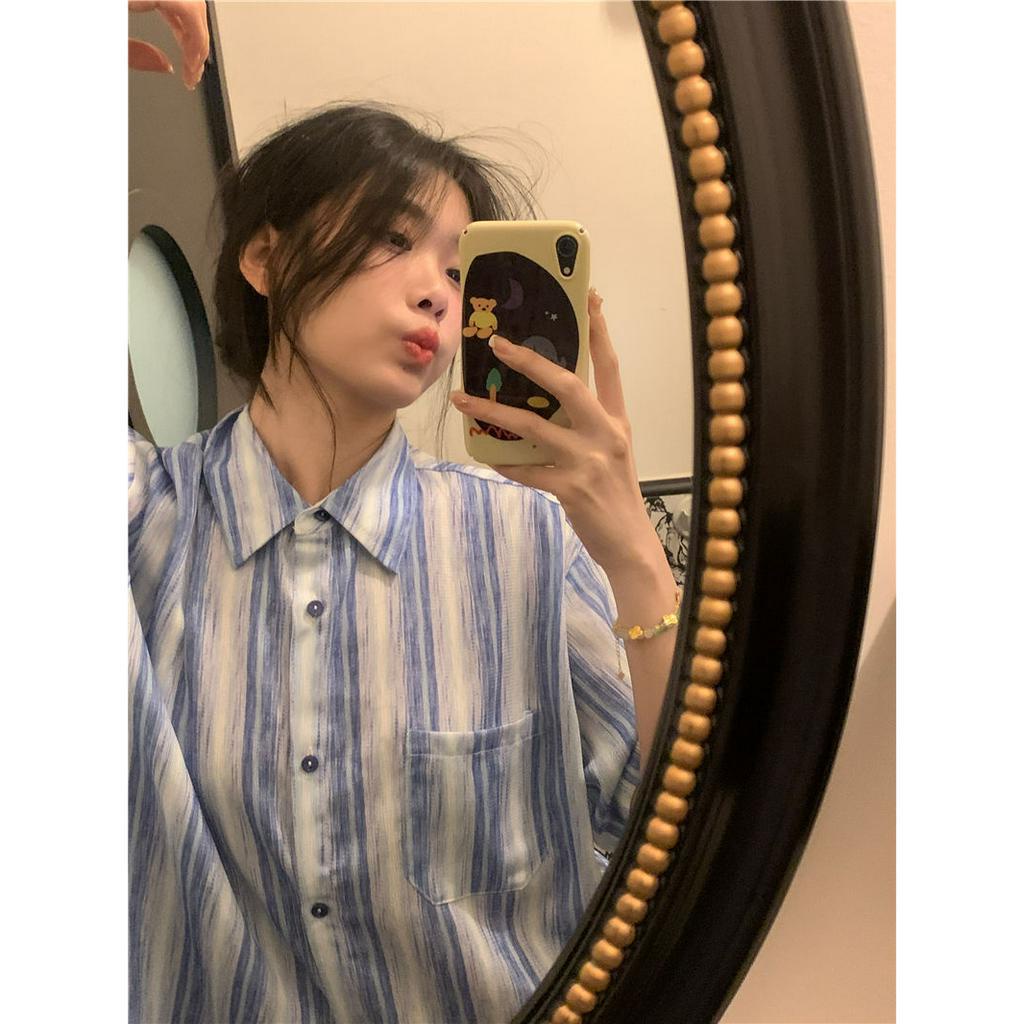 Lalisas Áo Sơ Mi Tay Ngắn Dáng Rộng Cổ polo Nhuộm Màu Nhuộm Phong Cách Hàn Quốc Thời Trang Cho Nữ