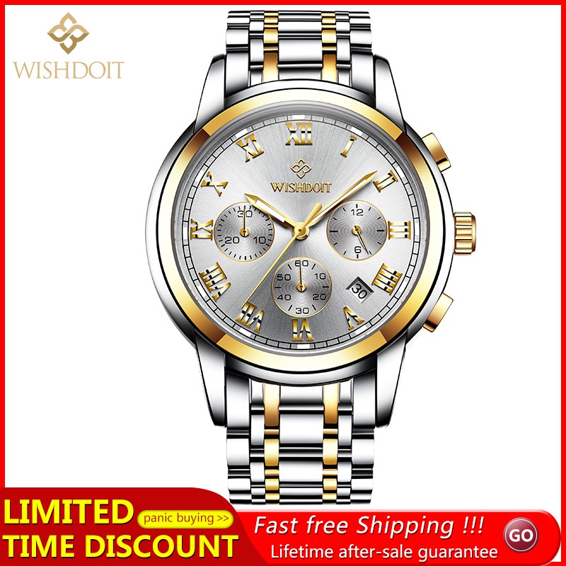 【Official product】WISHDOIT Business casual watch Simple atmosphere Multifunction Three-eye chronograph Sports waterproof swim watches stainless steel Popular watches Calendar function Quartz watch Student watch Couple watch