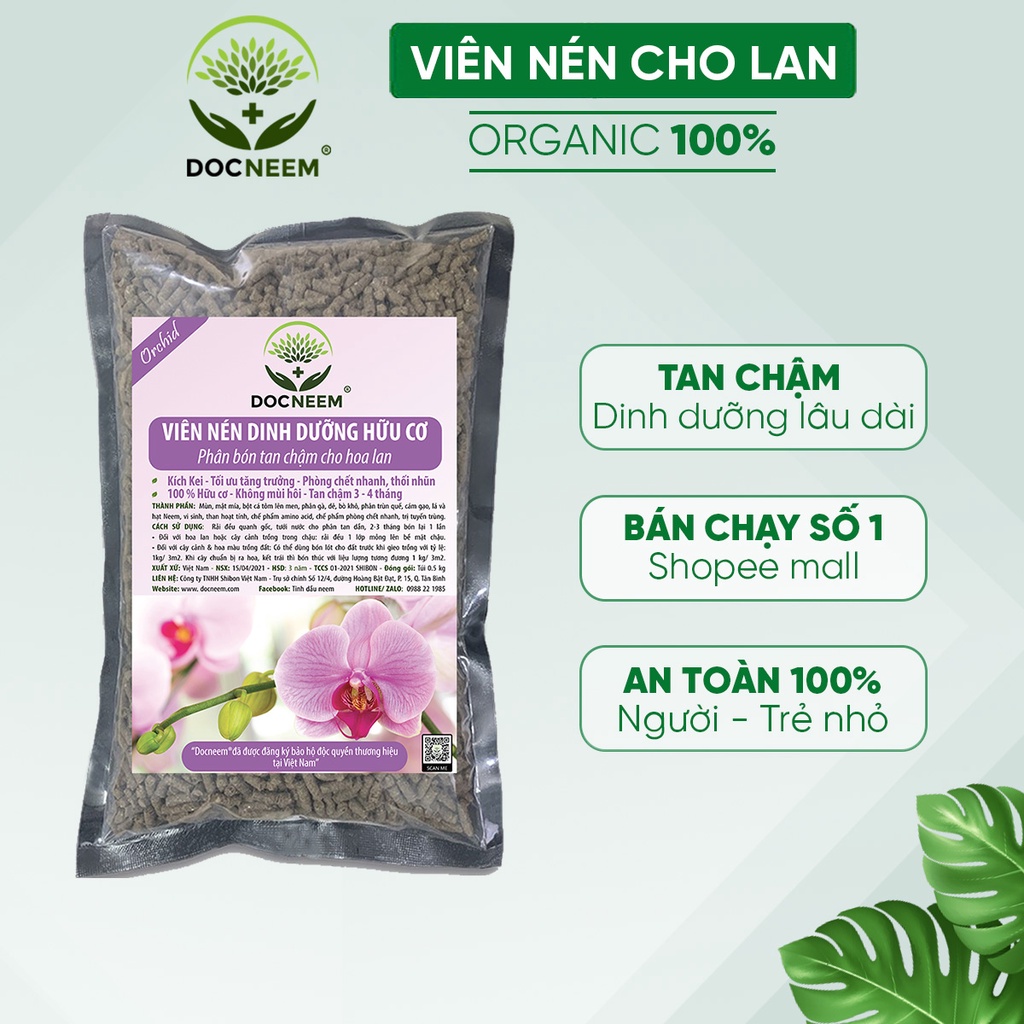 Phân bón cho hoa lan DOCNEEM tan chậm, viên nén dinh dưỡng hữu cơ vi sinh ben 01 cho lan hồ điệp, túi 0.5 kg, chính hãng