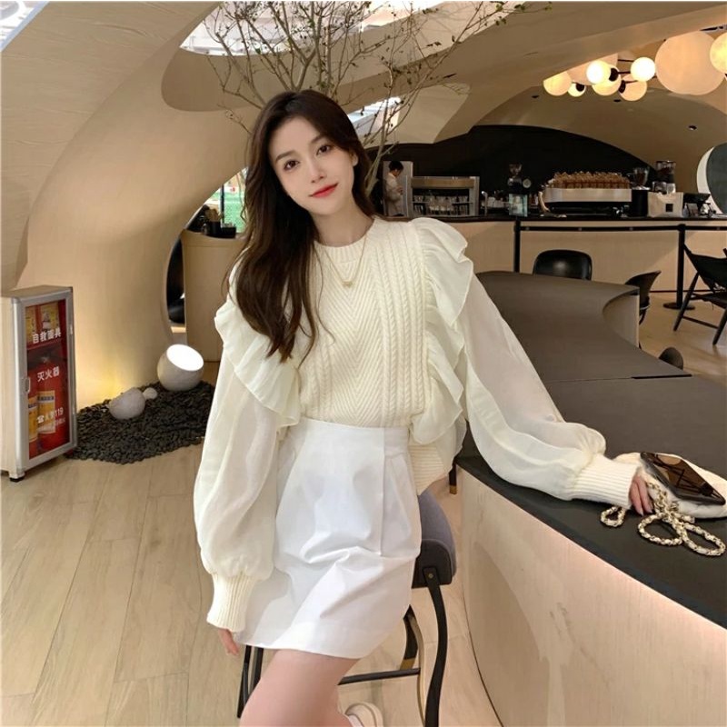 Áo len nữ tay voan tiểu thư xinh xắn 2 màu