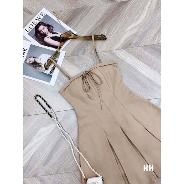 Đầm nude dây cột nơ ngực xếp ly