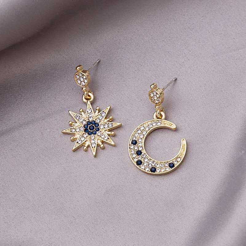 Bông Tai Mạ Bạc 925 Hình Mặt Trăng Mặt Trời Đính Kim Cương Giả Toàn Diện Phong Cách Retro Hàn Quốc Cho Nữ