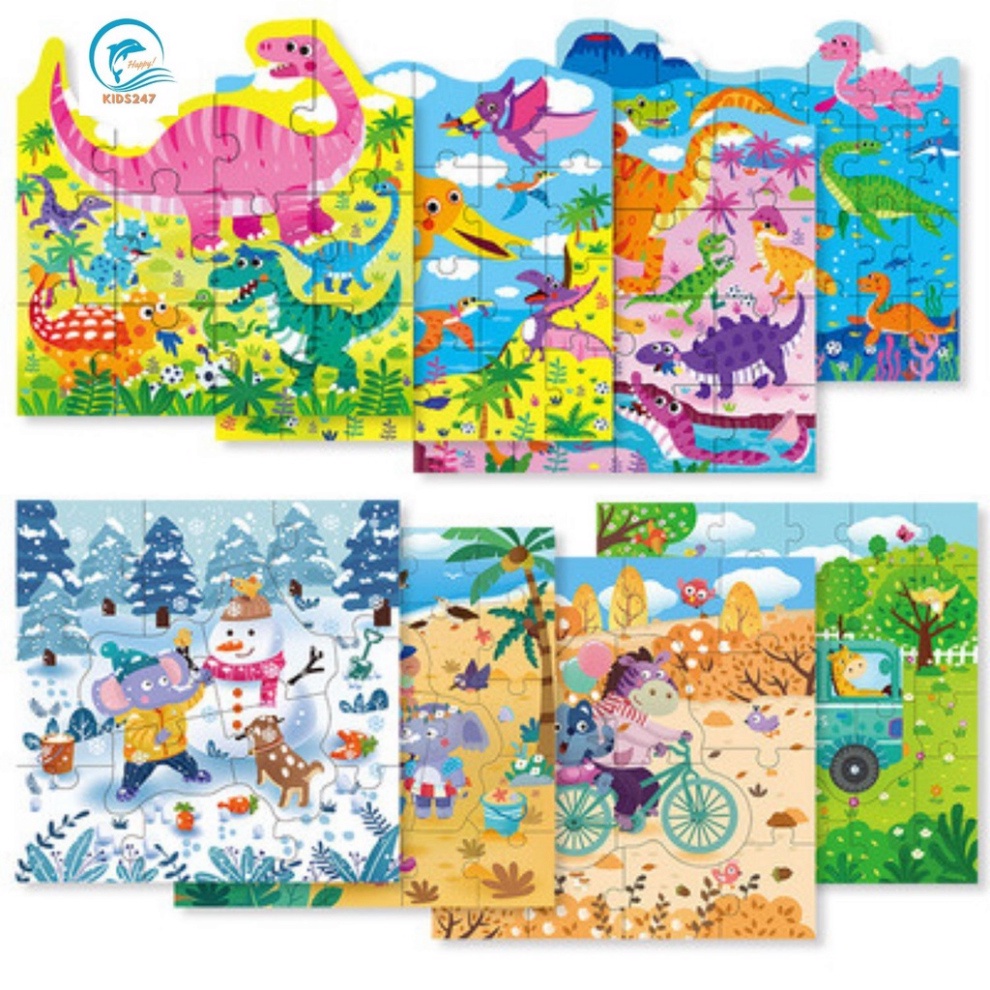 Đồ Chơi Tranh Ghép Puzzle Xếp Hình Bằng Gỗ 4 Cấp Độ Từ Dễ Đến Khó 12,16,24,32 Miếng Khủng Long, GT, 4 Mùa TRITUEVIET