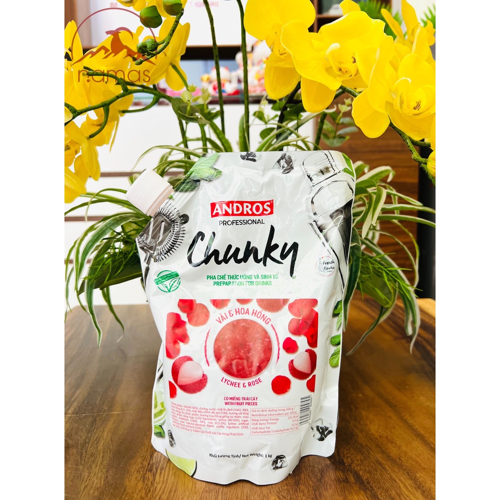 Mứt trái cây Andros Chunky Vải & Hoa hồng - túi 1kg