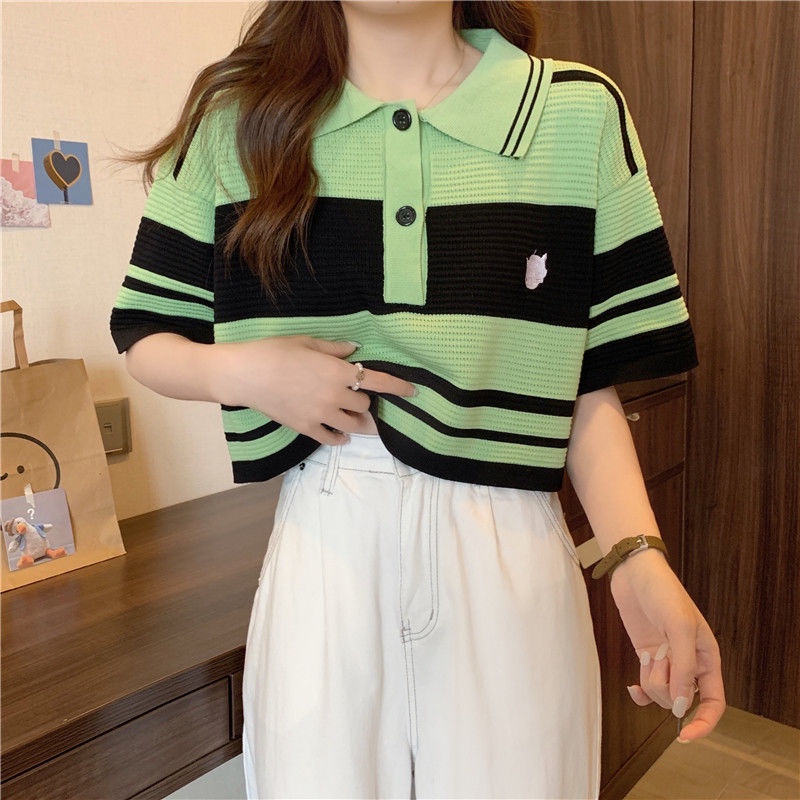 áo croptop Áo polo Dệt Kim Ngắn Tay Họa Tiết Kẻ Sọc Thời Trang Cho Nữ JL-TX-172