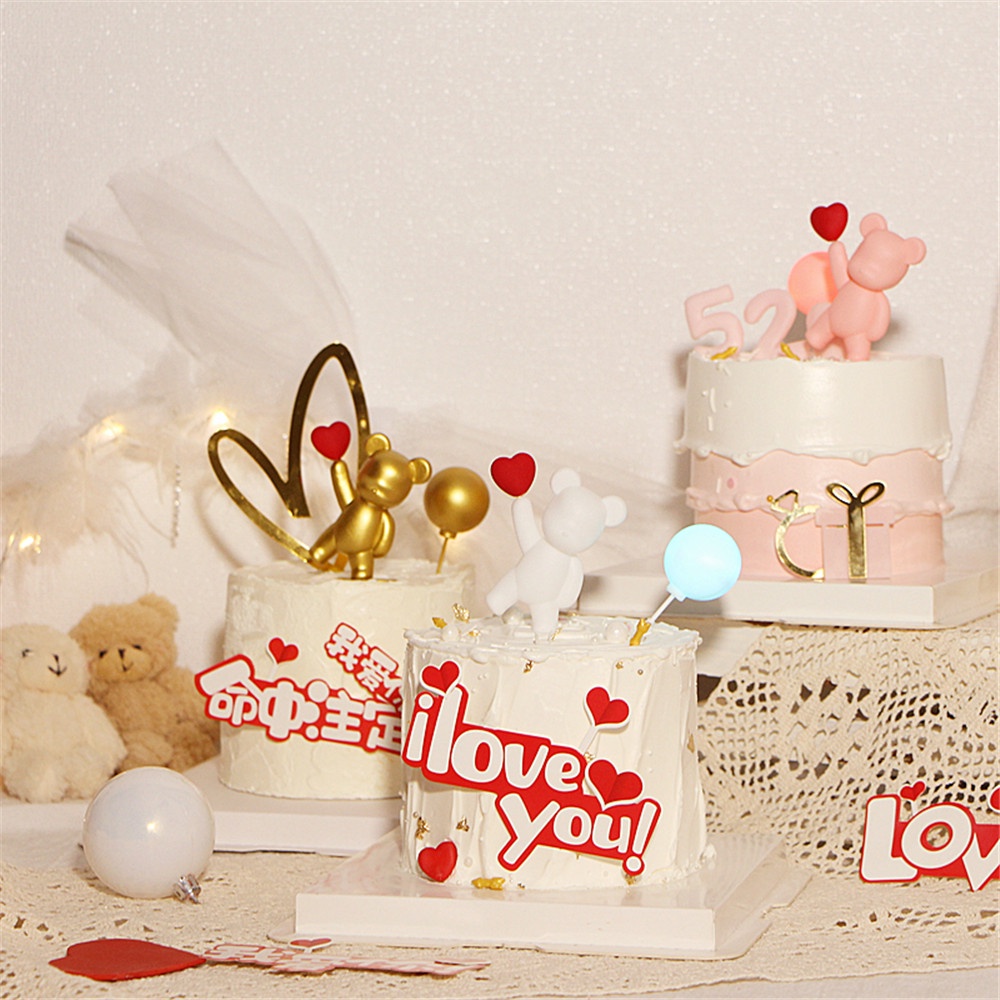 Cod Qipin Que Gắn Bánh Kem Hình Gấu Tích Hợp Đèn LED Trang Trí Bánh Sinh Nhật Tình Nhân Lãng Mạn Cho Cặp Đôi