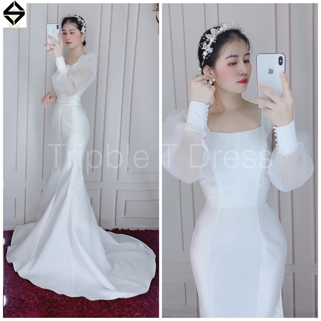 Đầm body đuôi cá mặc cướiTRIPBLE T DRESS tay dài phồng hở lưng phối chuỗi ngọc - size S/M/L -MS166Y