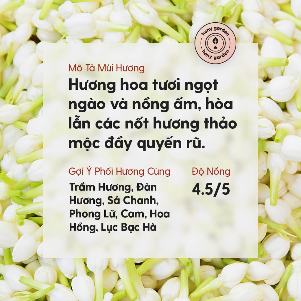 Tinh Dầu Hoa Lài Organic Nguyên Chất Đậm Đặc Xông Thơm Phòng, Làm Nến Thơm Thiên Nhiên, Giúp Dễ Ngủ Heny Garden 10mL