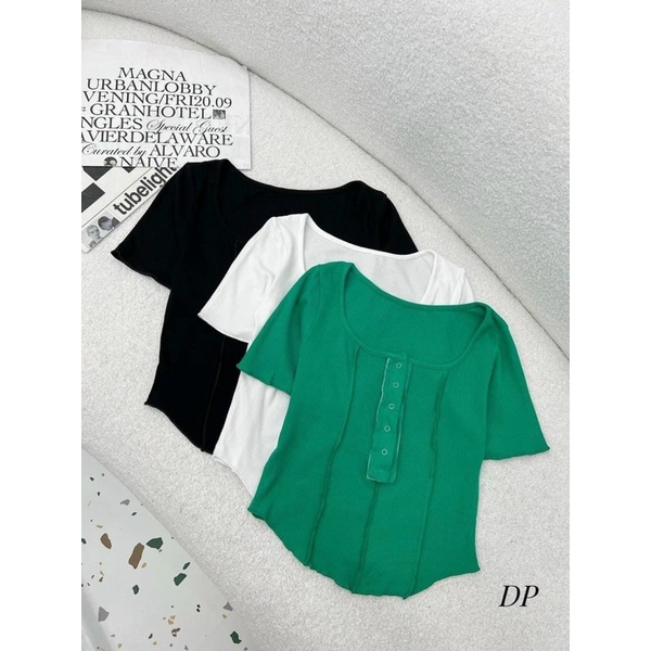 Áo thun borip núc bấm chiết eo tay ngắn