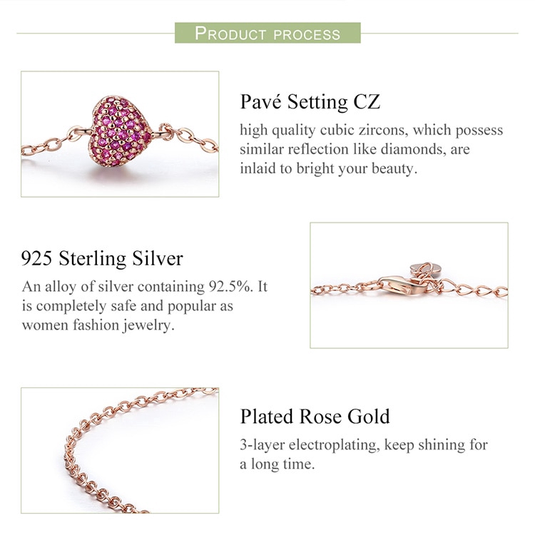 Vòng tay Bamoer mặt dây hình trái tim màu vàng hồng thời trang xinh xắn