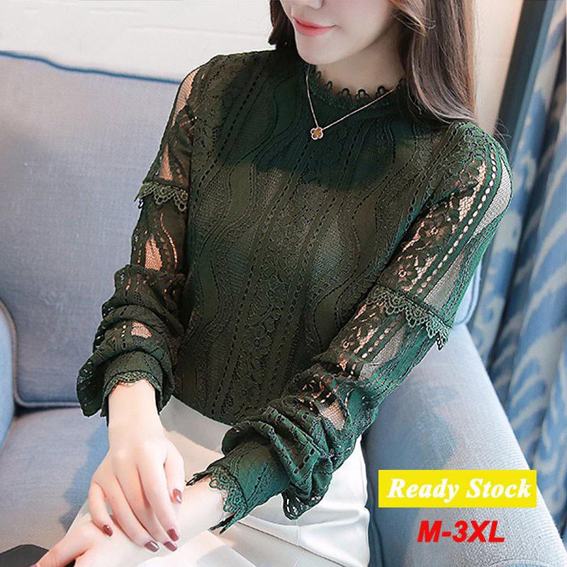 Áo kiểu tay dài phối ren xuyên thấu phong cách mùa thu nữ tính