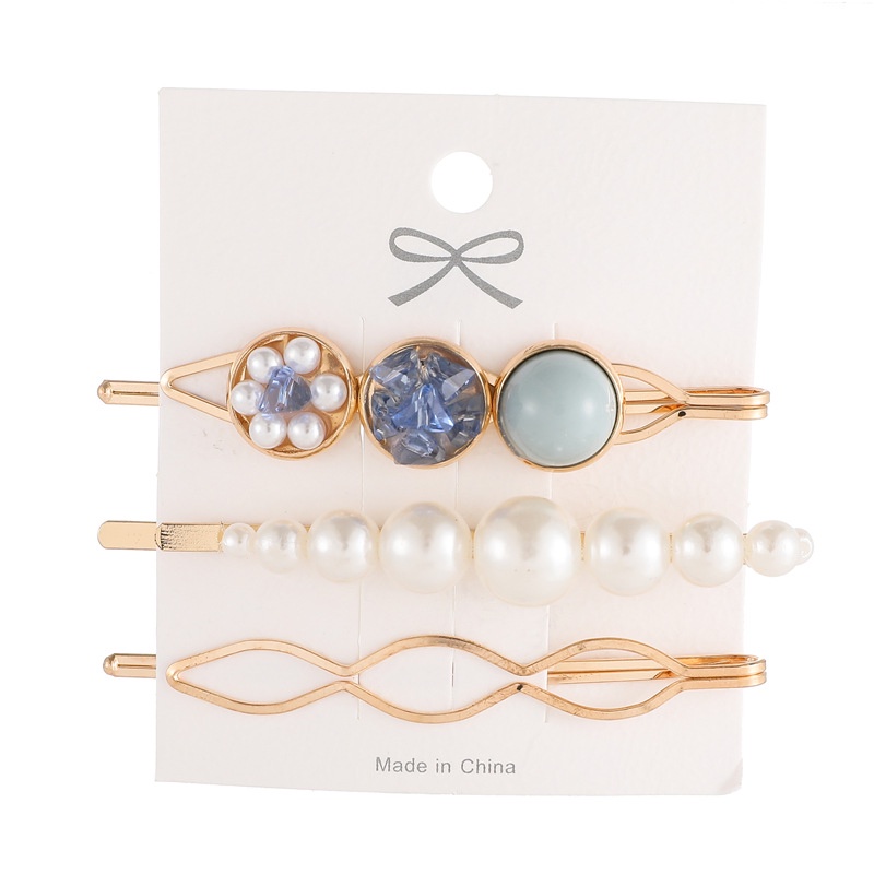 Set 3 kẹp tóc mái kim loại mix hạt ngọc PUHA, cặp tóc nữ đính đá phong cách tiểu thư sang chảnh Hàn Quốc
