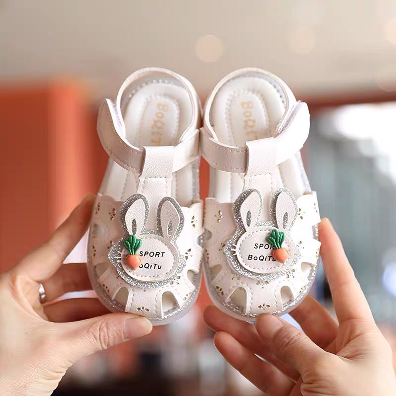 dép rọ cho bé - sandal bé gái da mềm, đế dẻo nơ thỏ carot có quay dán YY A11