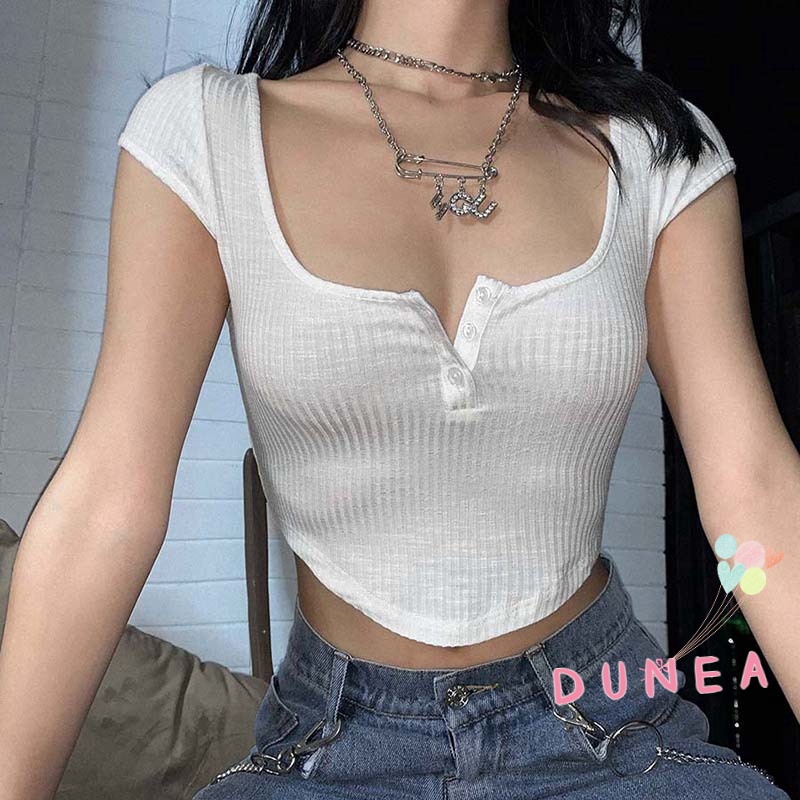 DUNEA Áo thun tay ngắn cổ U cài nút ngực dáng ôm màu trơn quyến rũ cho nữ
